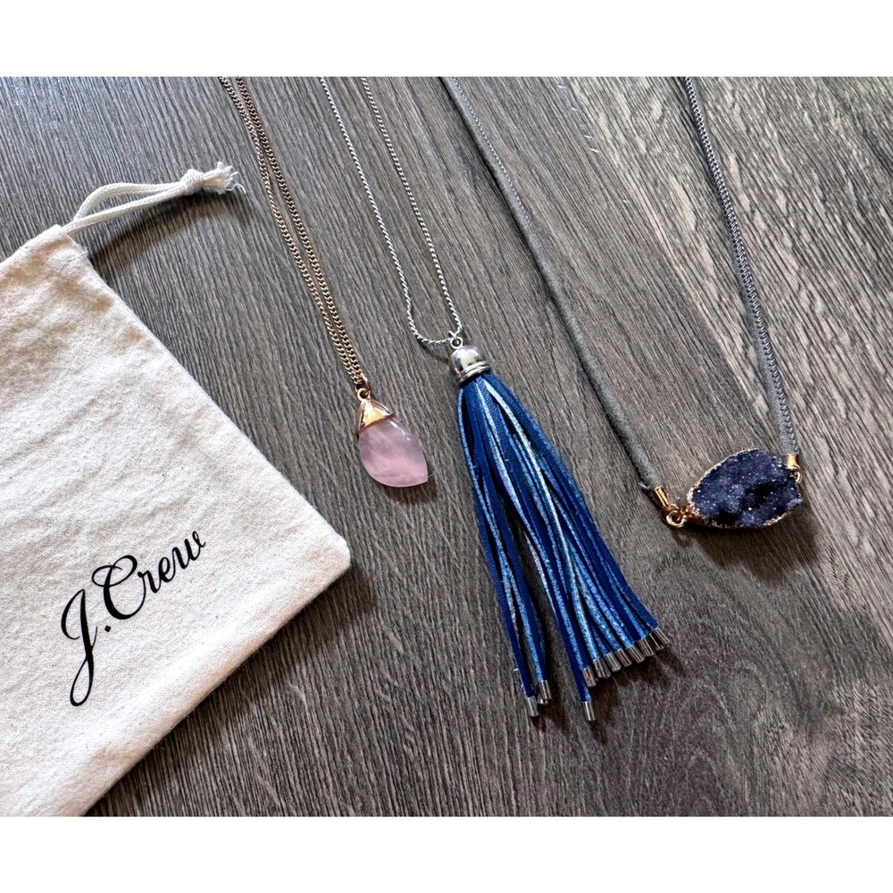 J.Crew Anthropologie Necklace Lot 3 Rose Quartz Druzy Tassel Pink Blue Bundle